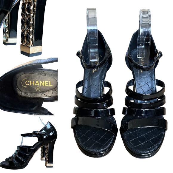 Chanel Black Patent Leather Gold Chain Block Heel Open Toe Sandals 38.5 - Picture 12 of 12